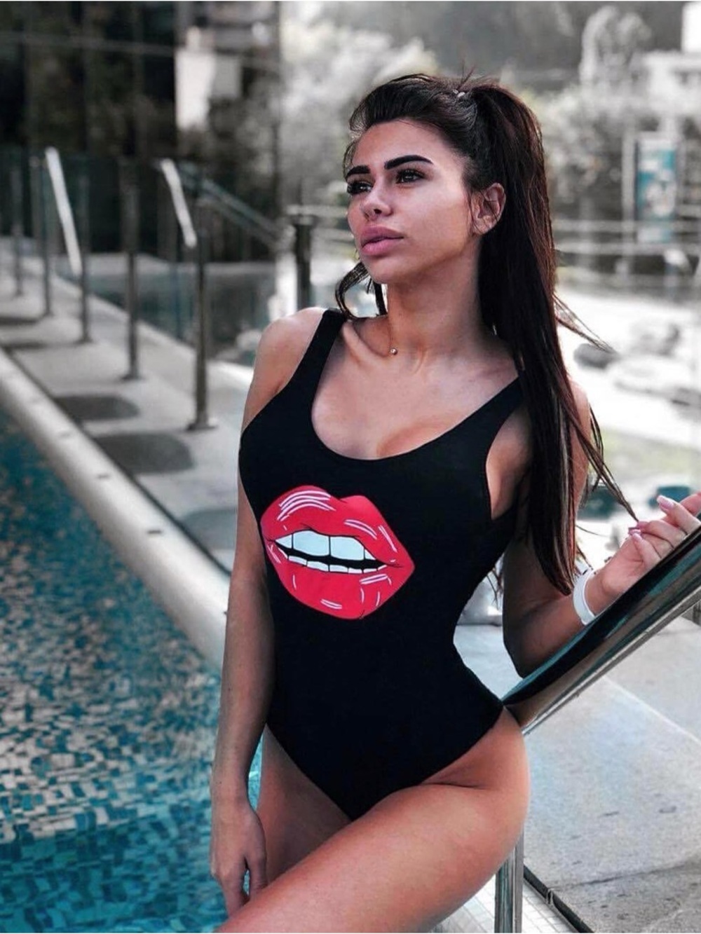 Black One-Piece Swimsuit with Red Lips Graphic